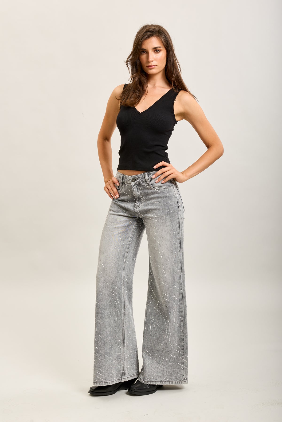 Toxik3 full rhinestone stretch wide denim jeans
