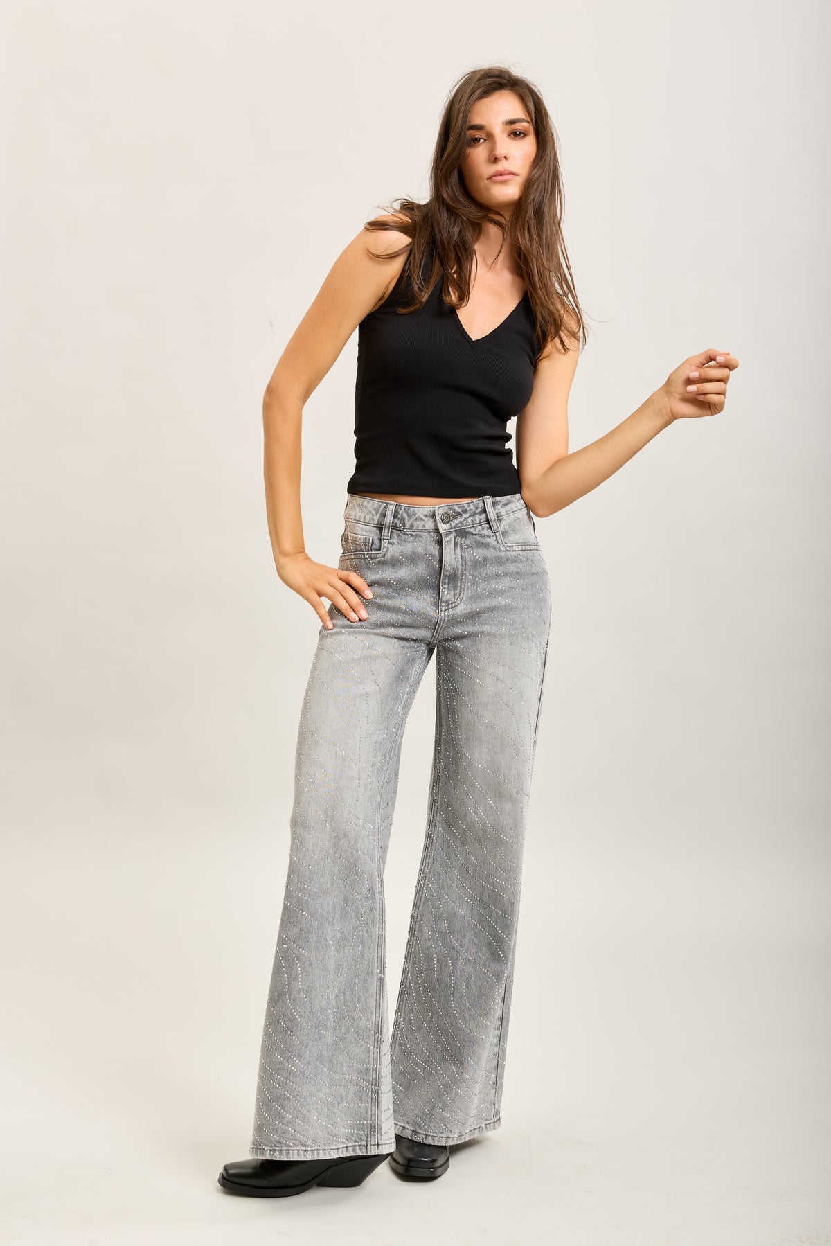 Toxik3 full rhinestone stretch wide denim jeans