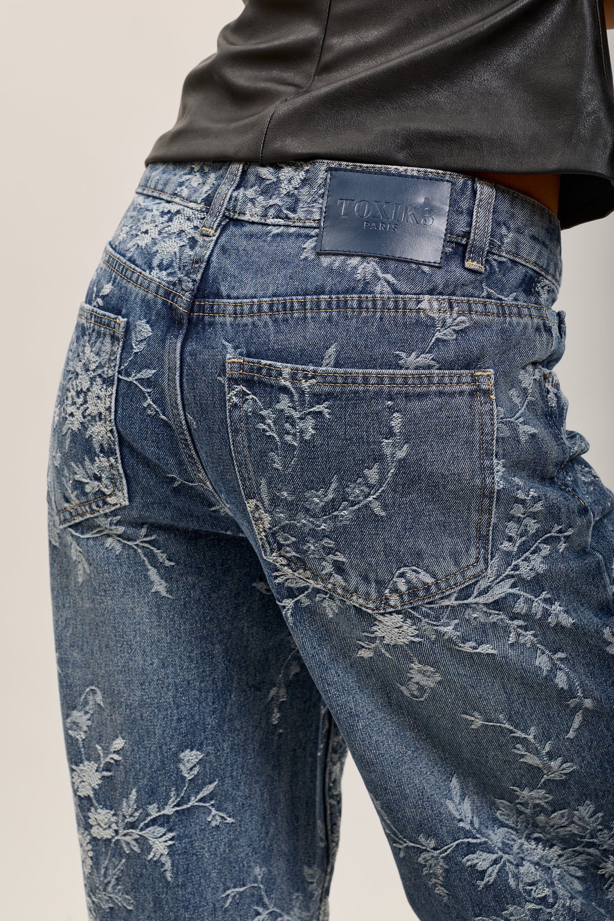 Toxik3 pantalon jean droit denim stretch imprimé floral