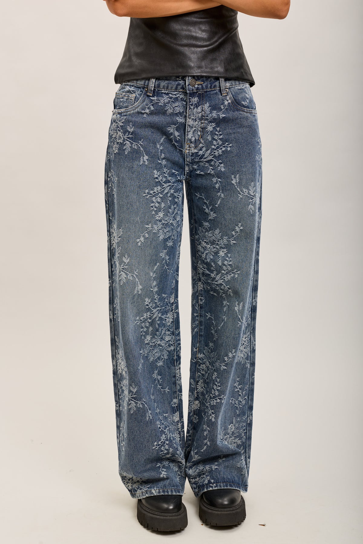 Toxik3 pantalon jean droit denim stretch imprimé floral