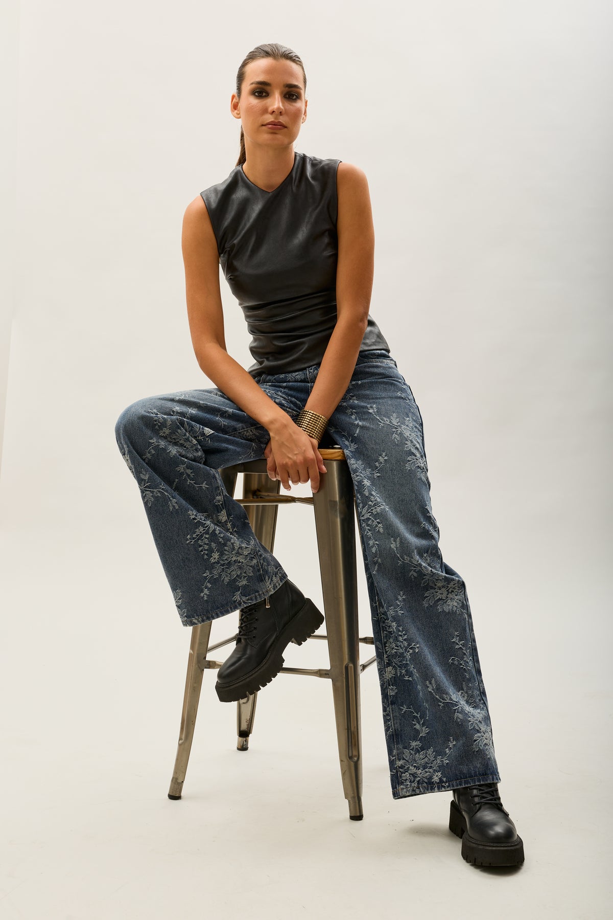 Toxik3 pantalon jean droit denim stretch imprimé floral