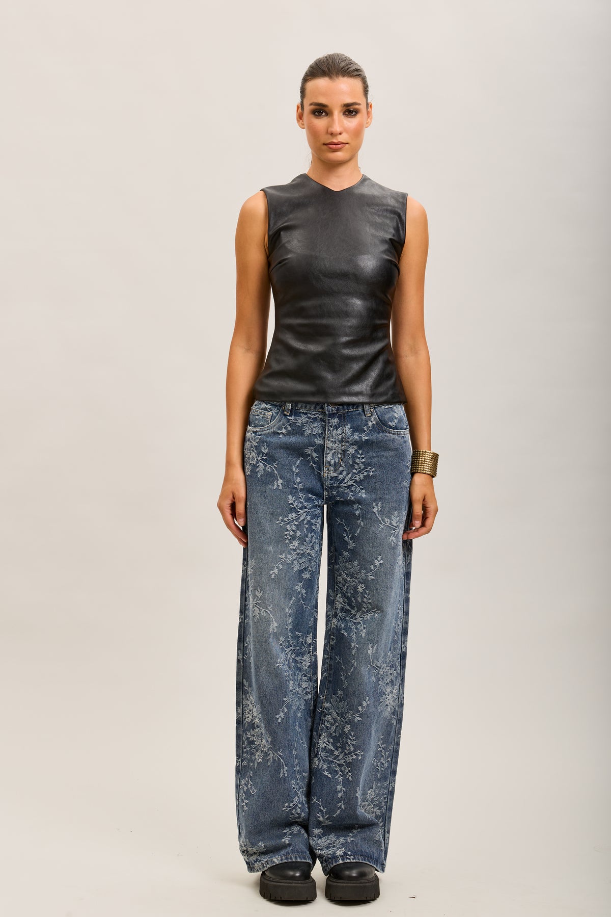 Toxik3 pantalon jean droit denim stretch imprimé floral