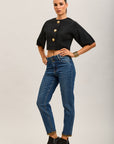 Pantalones vaqueros Mom de denim elástico con bajo de leopardo Toxik3