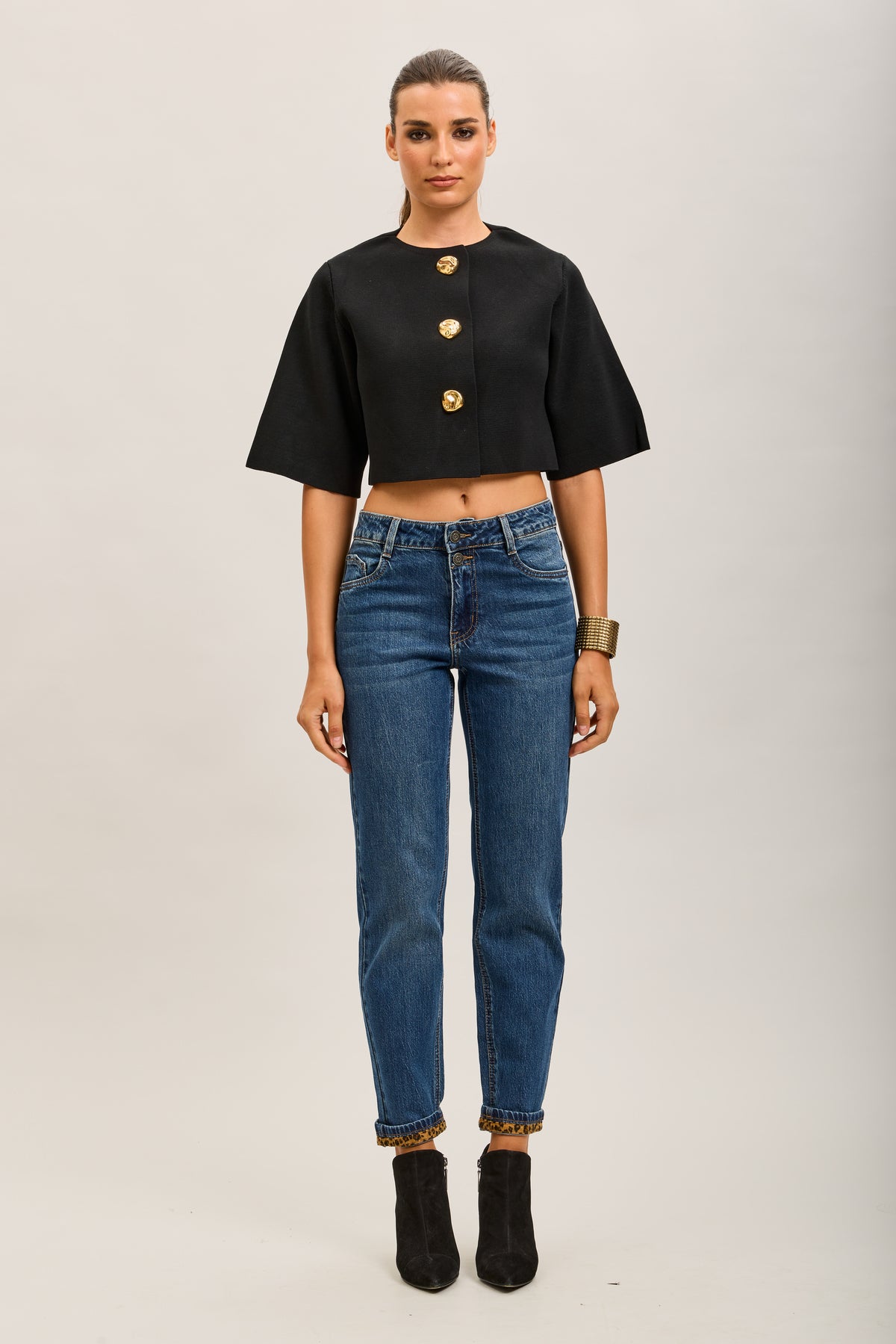 Pantalones vaqueros Mom de denim elástico con bajo de leopardo Toxik3