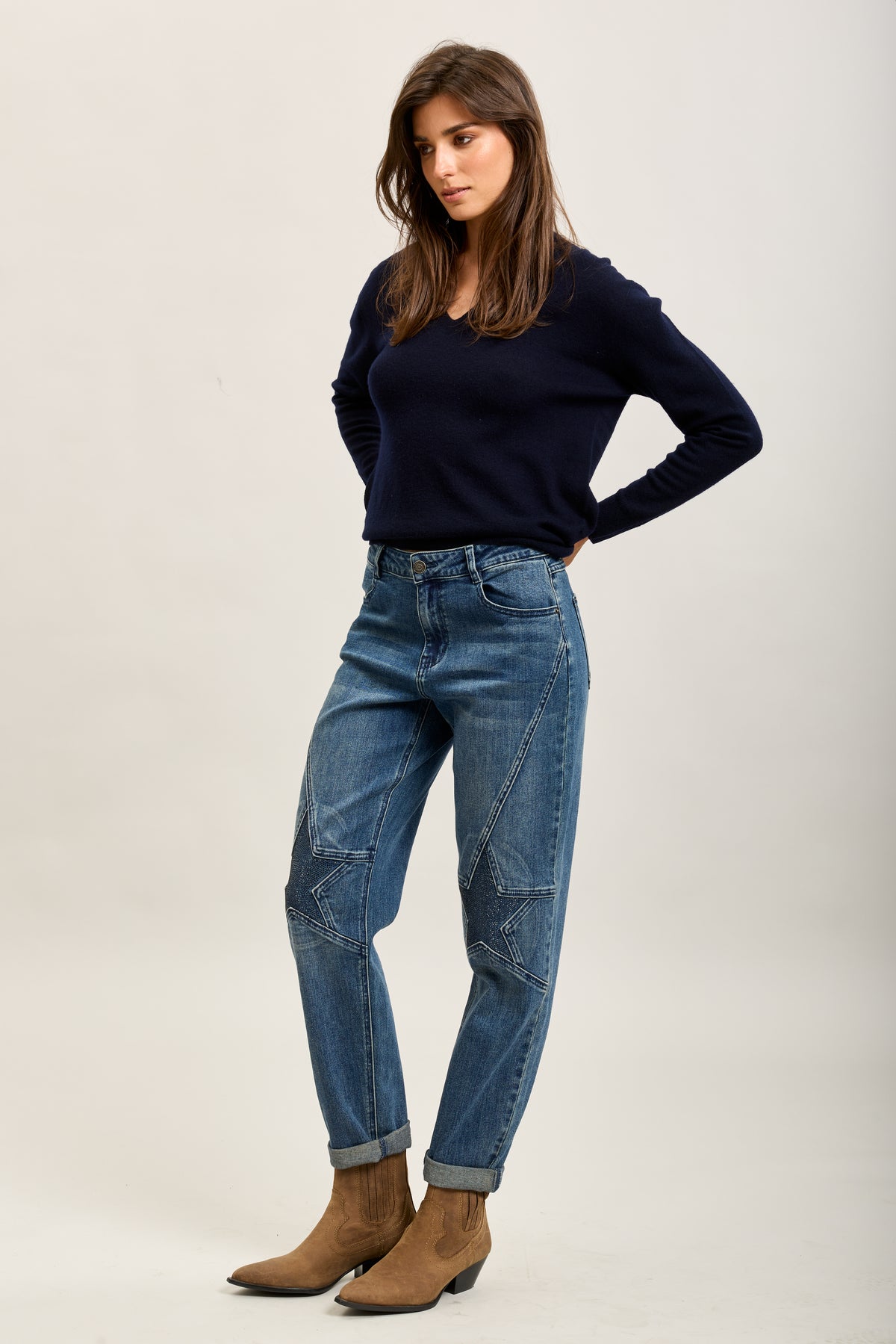 Toxik3-sterren stretch denim mom jeansbroek met strasssteentjes
