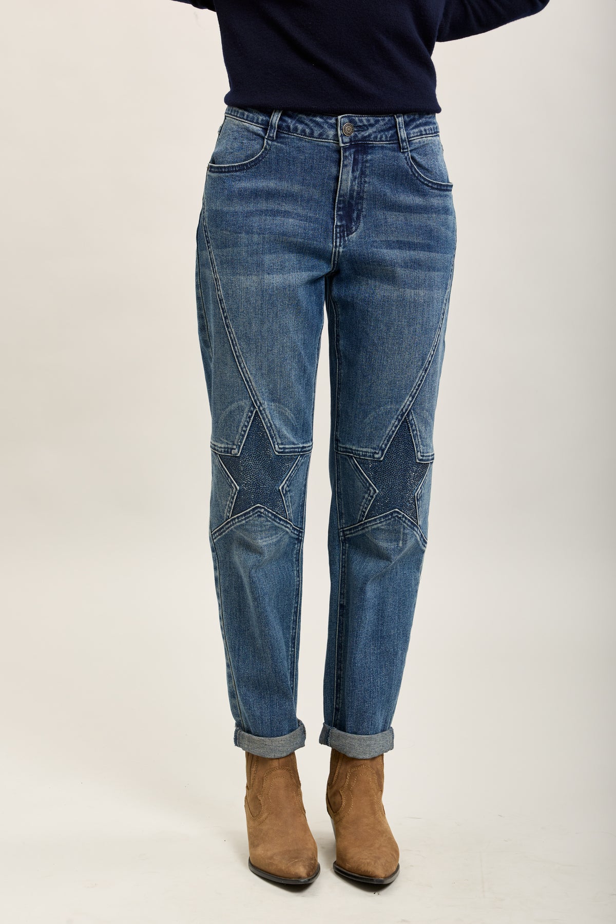 Toxik3-sterren stretch denim mom jeansbroek met strasssteentjes