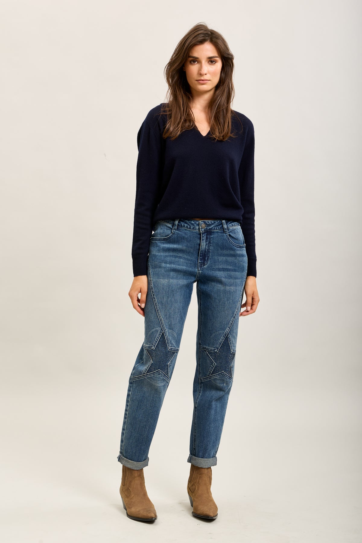 Toxik3-sterren stretch denim mom jeansbroek met strasssteentjes