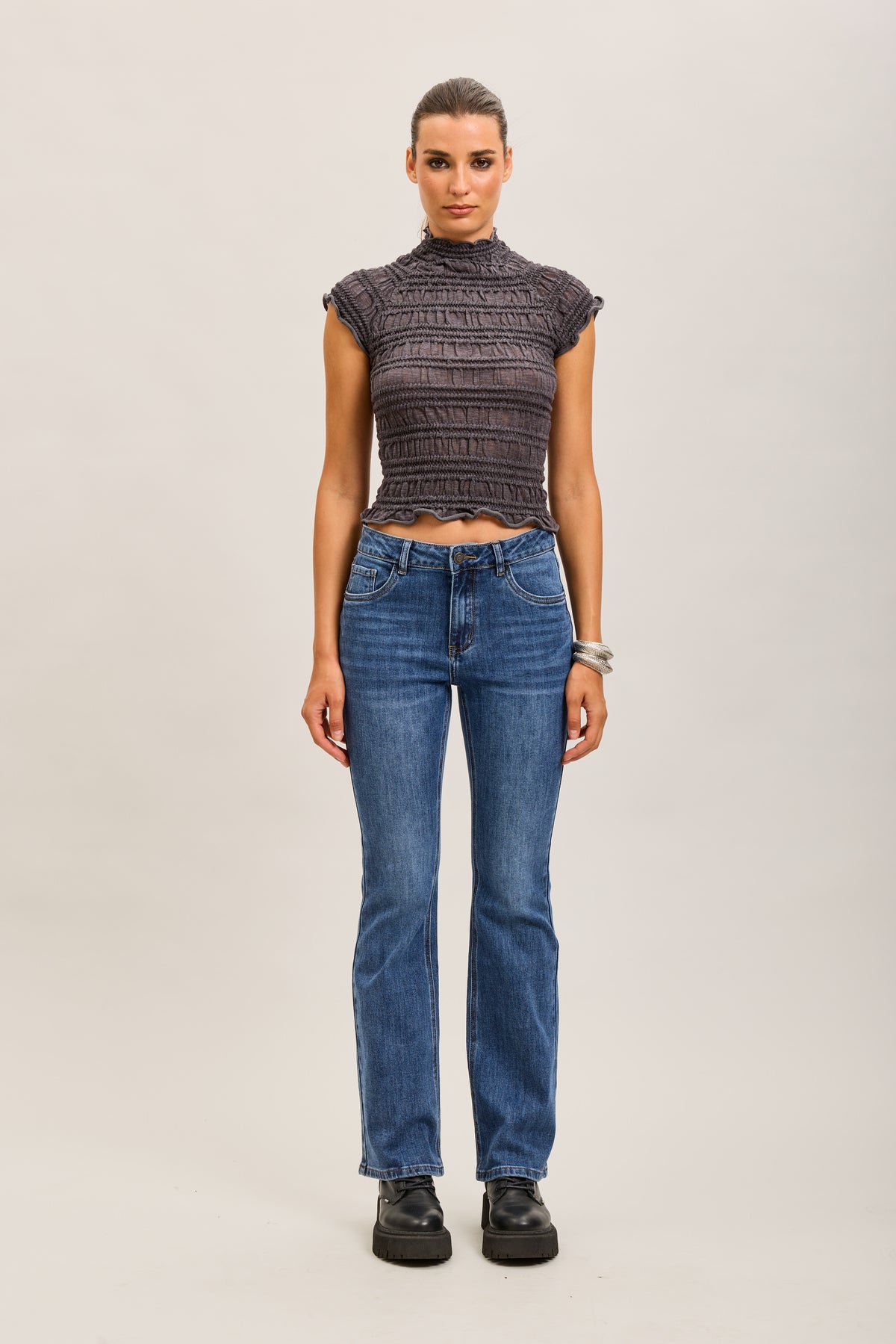 Toxik3 stretch denim bootcut jean pants with topstitched pattern