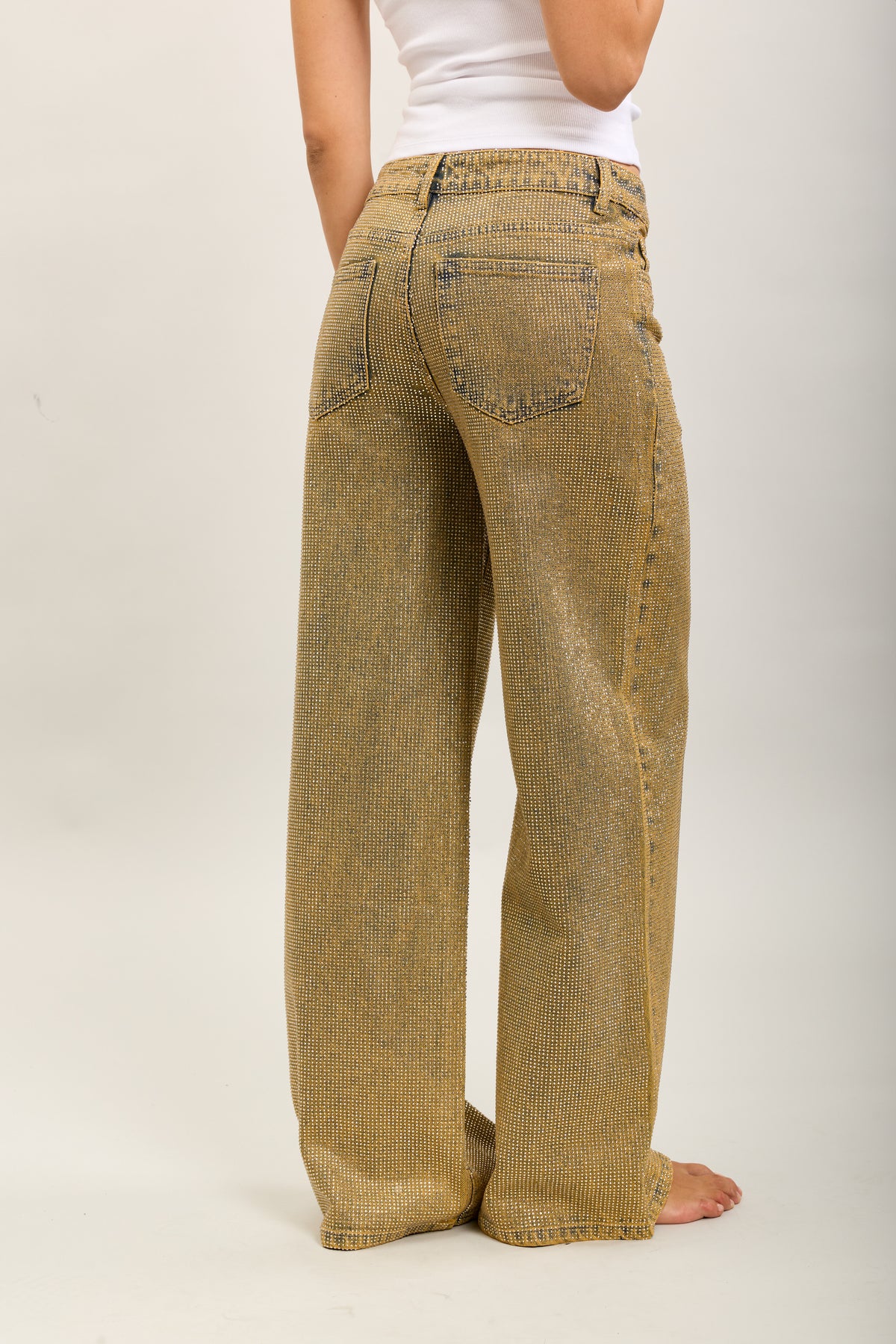 Toxik3 pantalon jean extra-wide denim stretch full strass gold