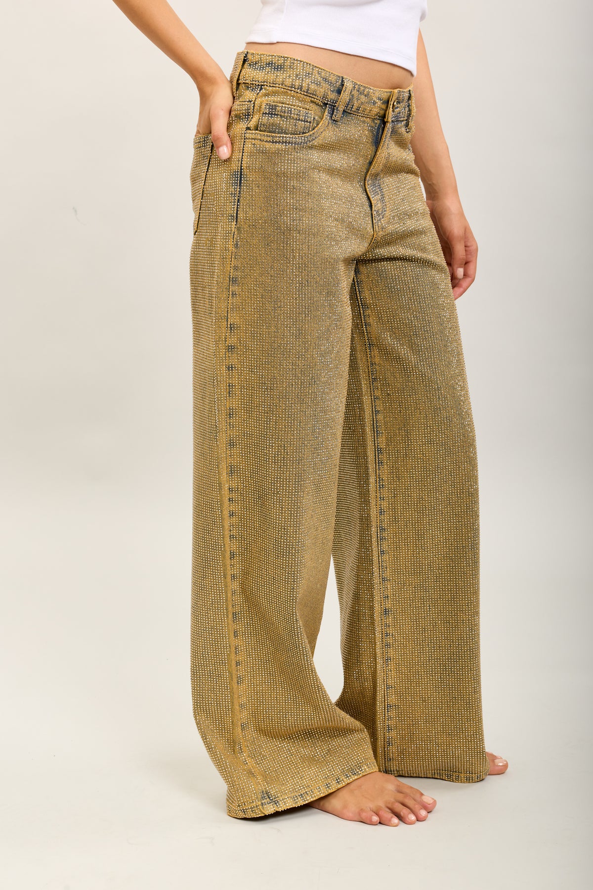 Toxik3 pantalon jean extra-wide denim stretch full strass gold