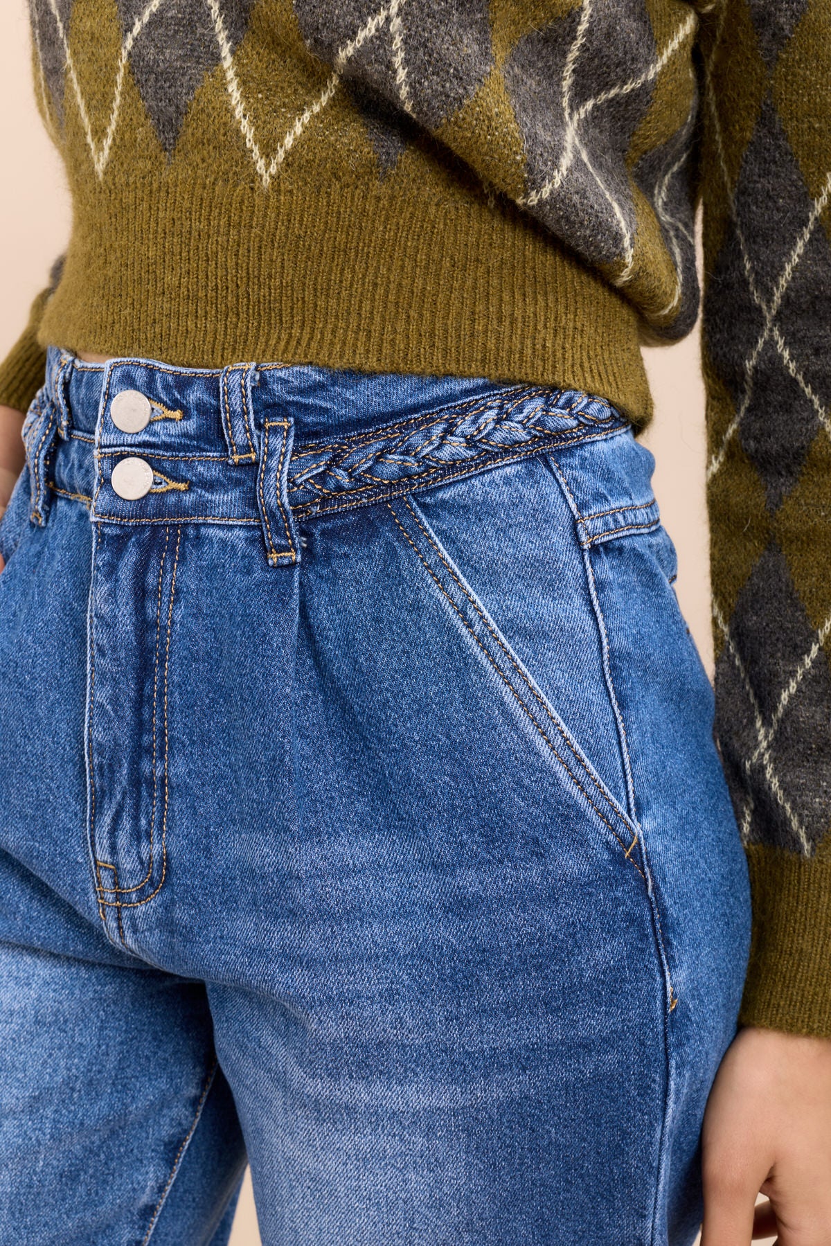 Toxik3 pantalon jean stretch mom tressé poches passepoilées