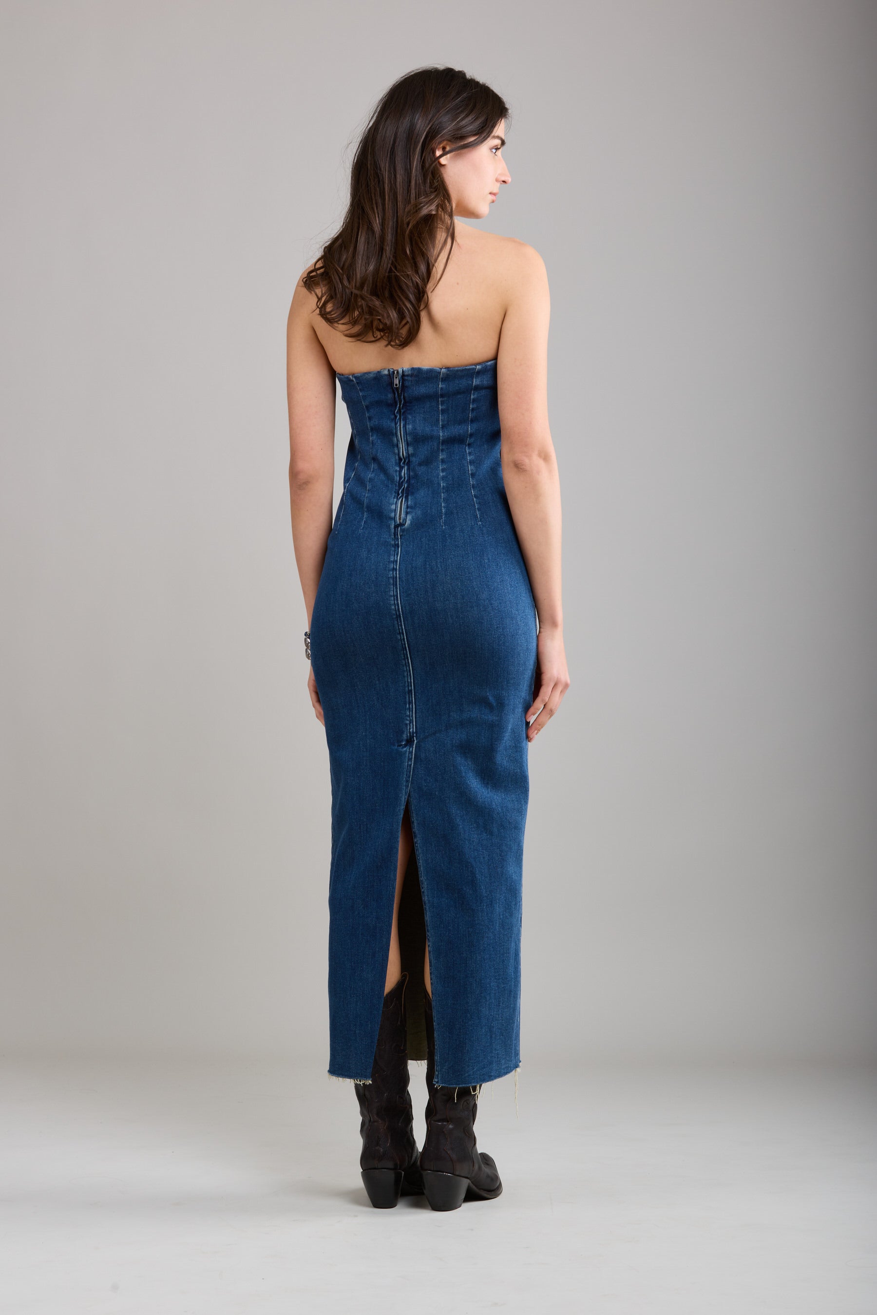 Toxik3 strapless straight stretch denim dress with slit