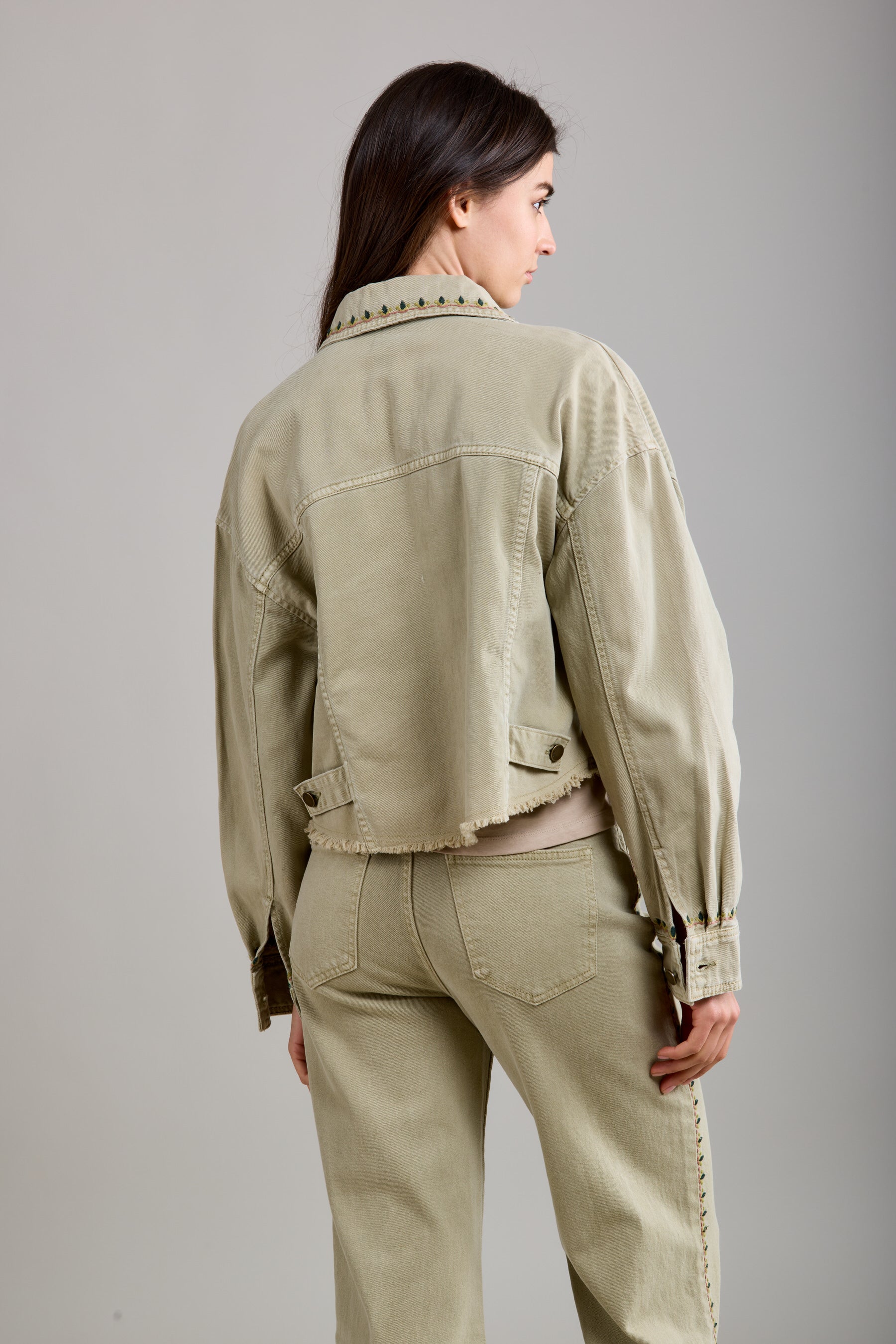 Toxik3 short denim jacket frayed hem embroidered piping