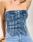 TOXIK3 TOP Bustier Denim mit Knöpfen