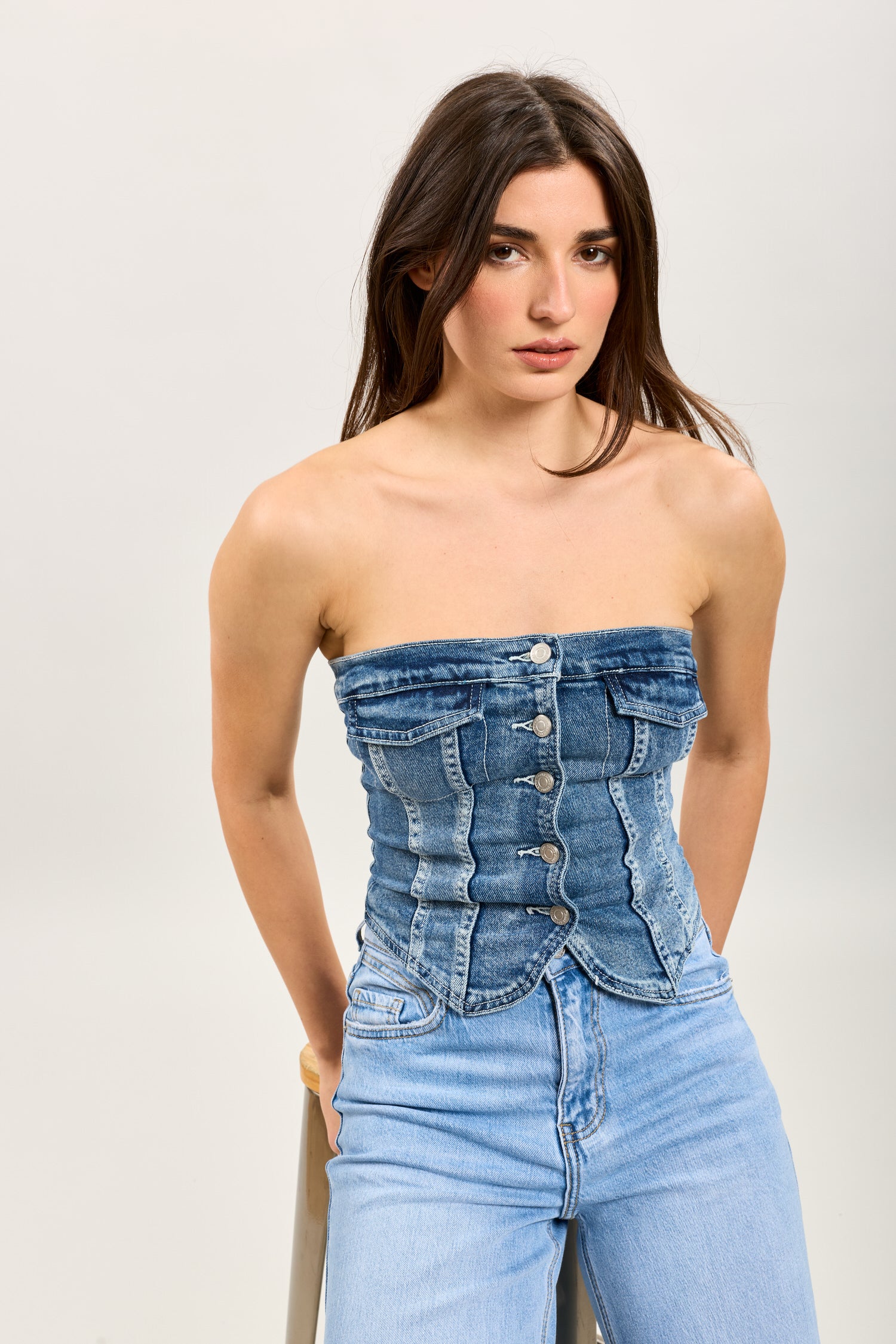 TOXIK3 TOP Bustier Denim mit Knöpfen