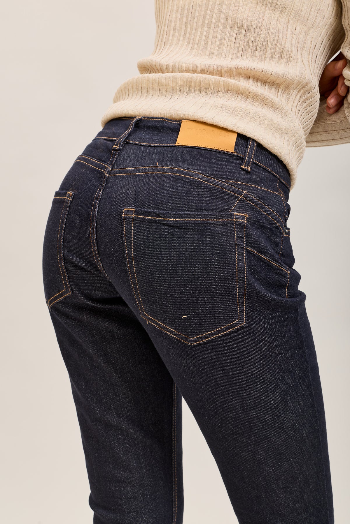 Toxik3 straight stretch denim jean pants with yellow topstitching