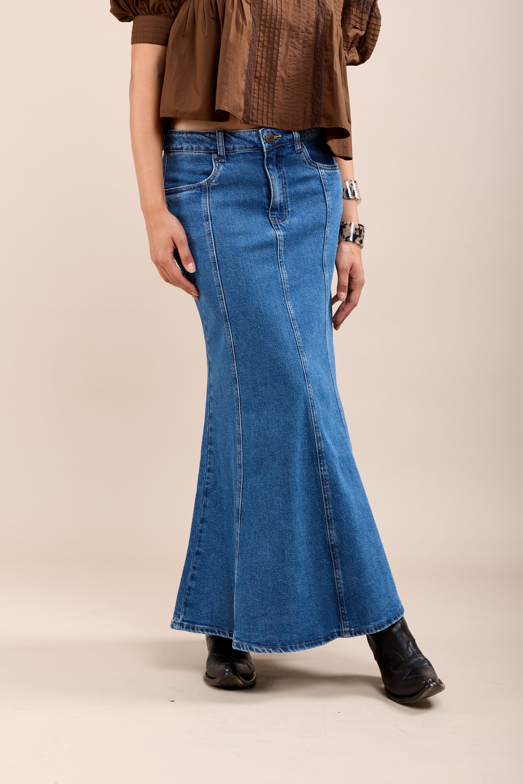 Toxik3 lange trompetstretch denimrok