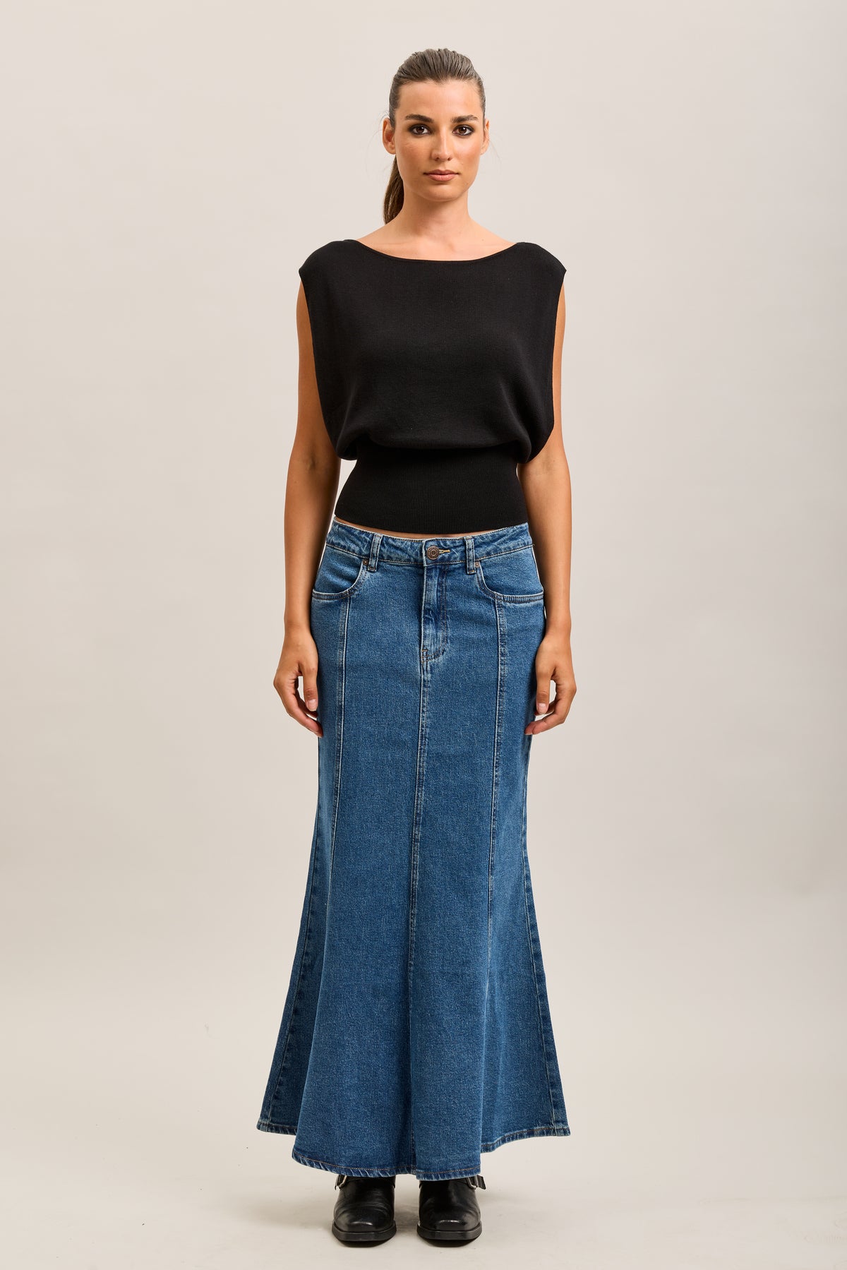 Toxik3 lange trompetstretch denimrok