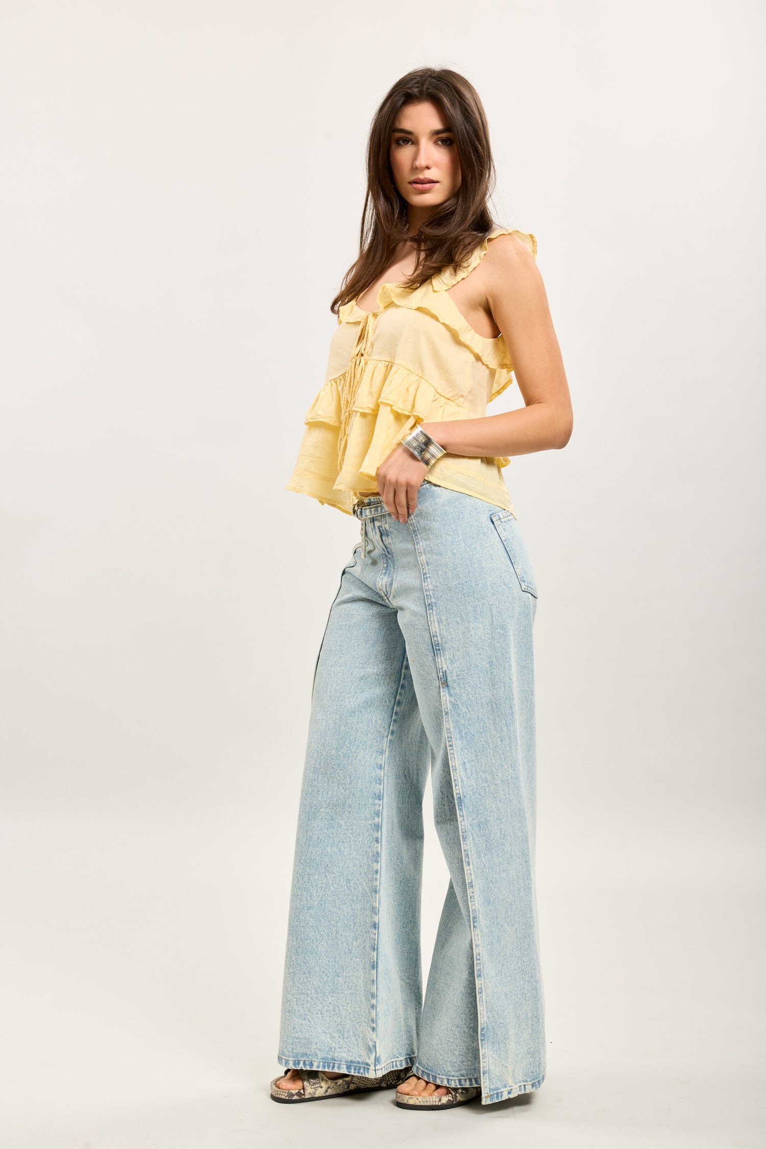 Toxik3 pantalon jean wide évasé denim jambe fendue