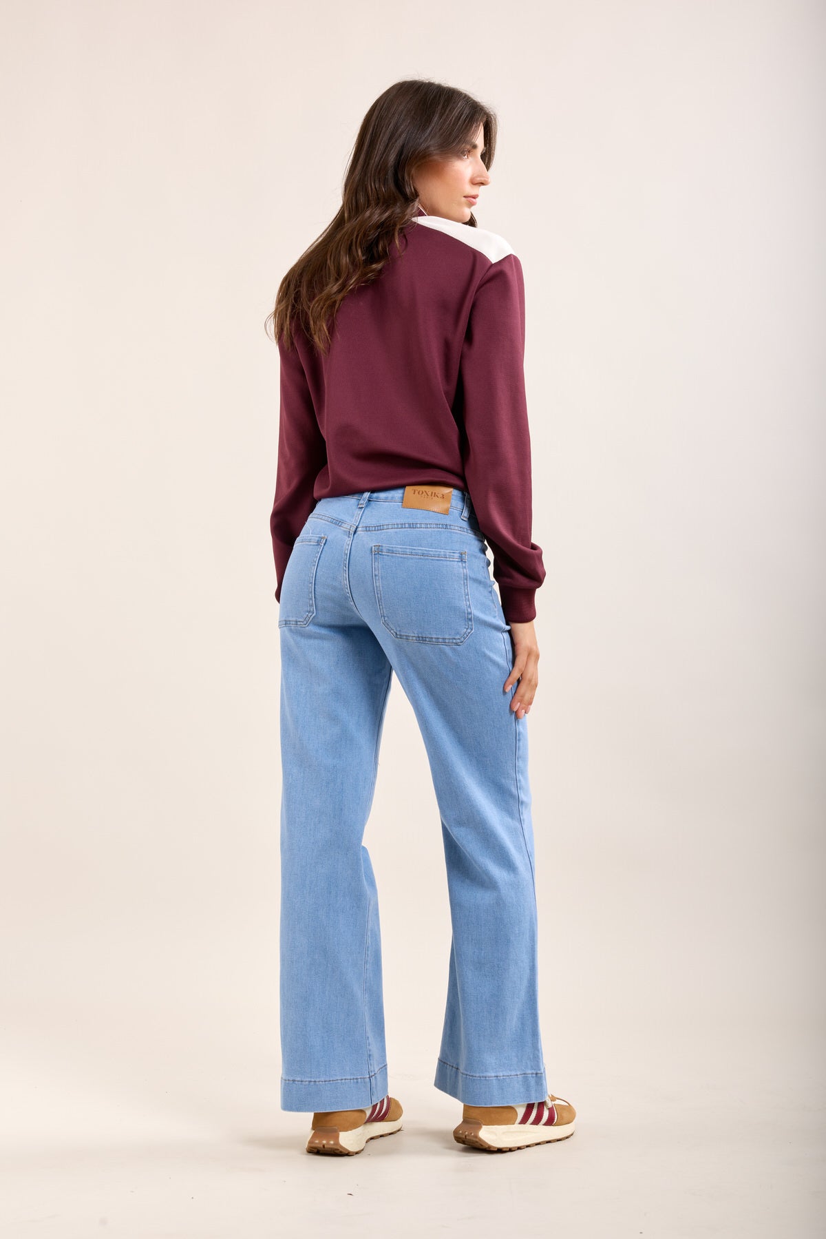 Toxik3 jean flare taille haute à pont boutons or