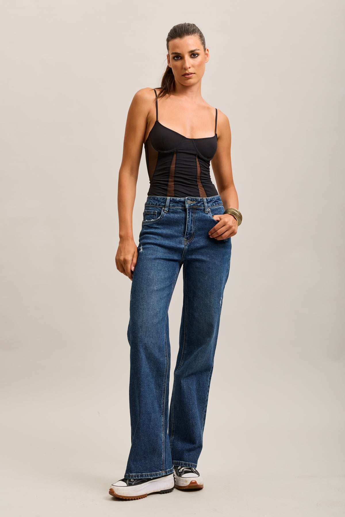 Toxik3 jean droit stretch taille haute poches effilochées