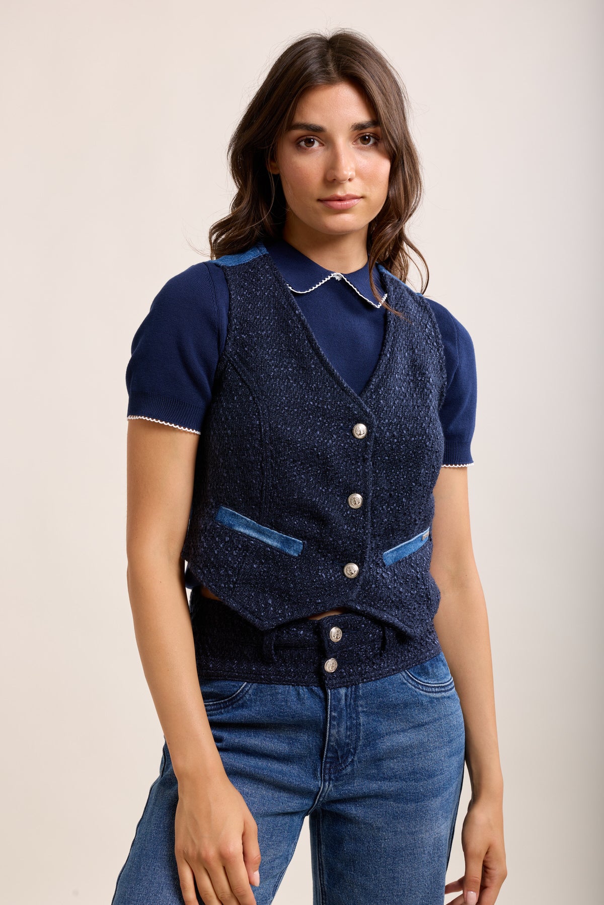 Toxik3 gilet sans manche bi-matière denim et tweed