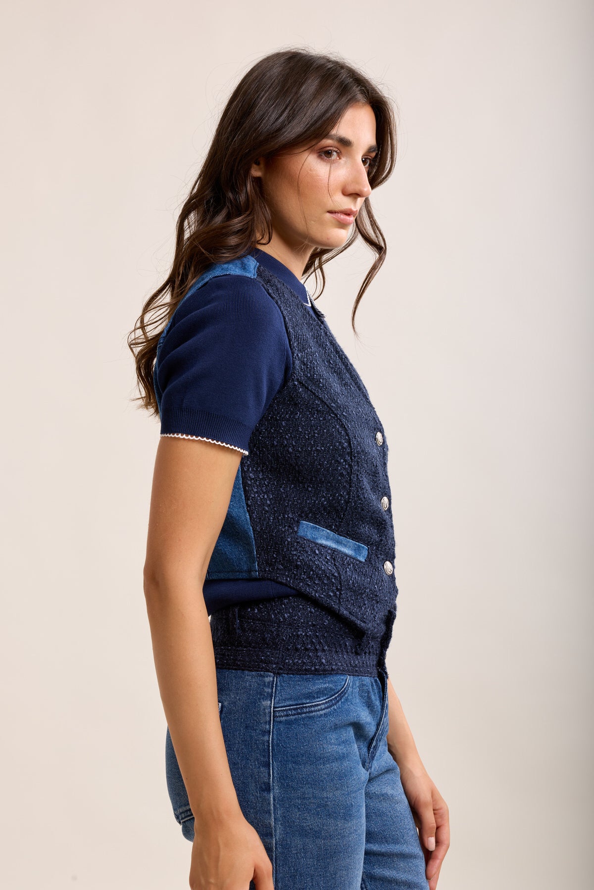 Toxik3 gilet sans manche bi-matière denim et tweed