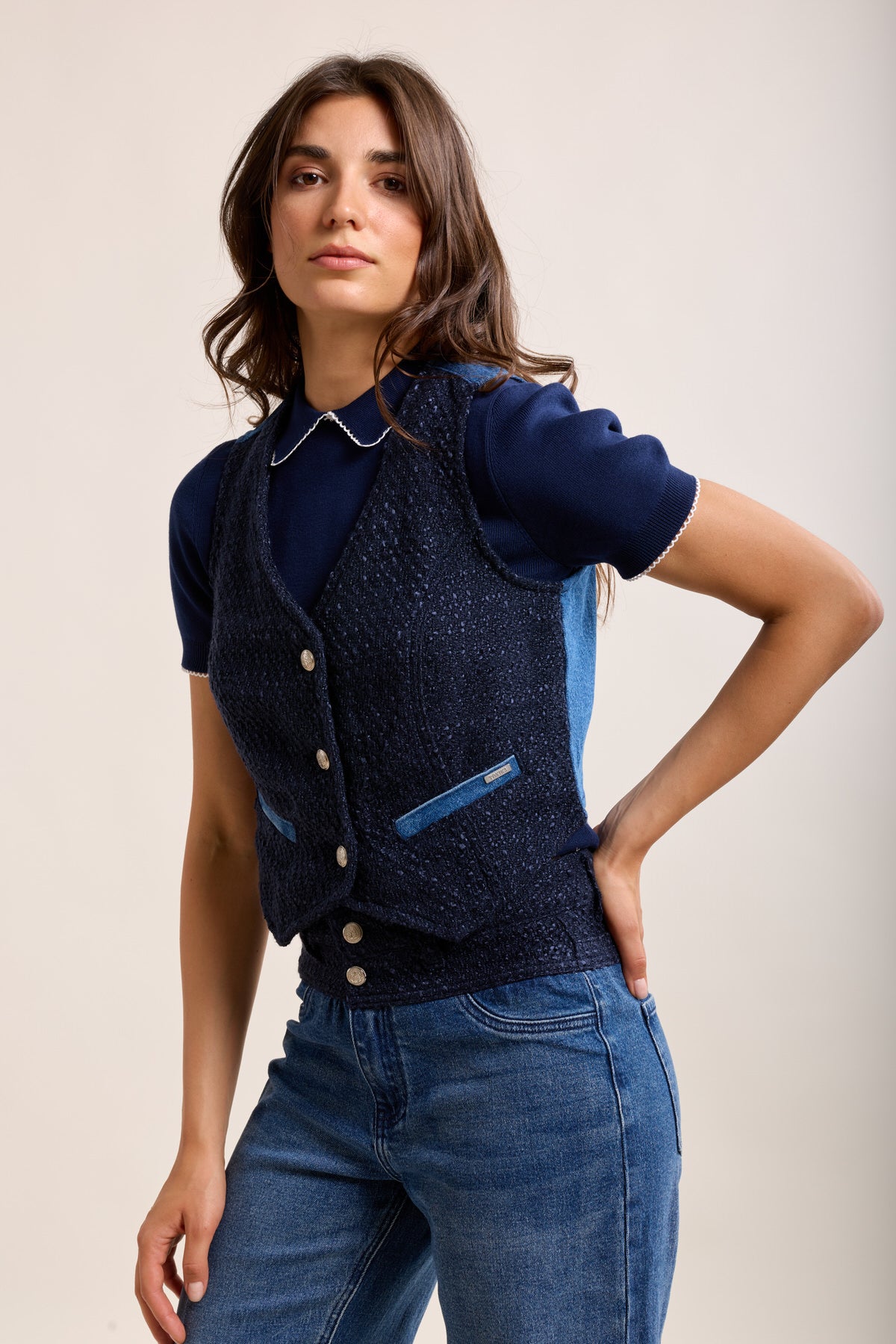 Toxik3 gilet sans manche bi-matière denim et tweed