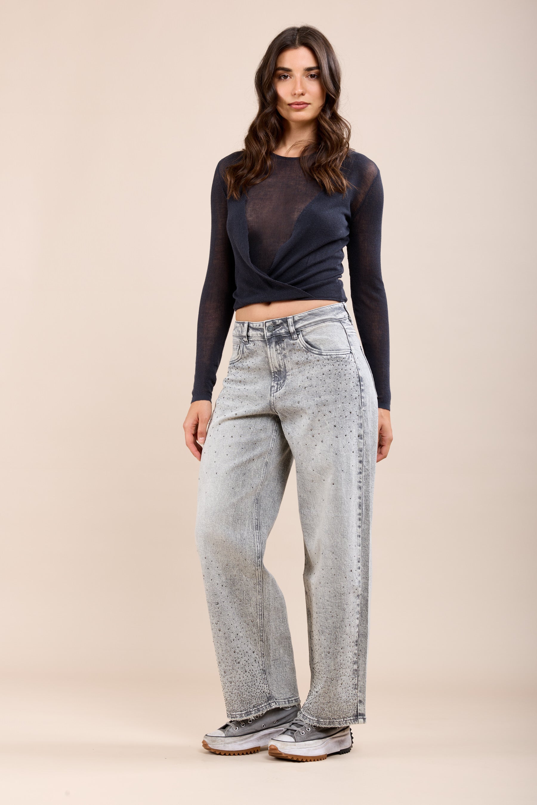 Toxik3 jean ballon à cristaux strass ton sur ton