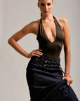 Toxik3 long denim skirt with double belts