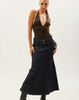 Toxik3 long denim skirt with double belts