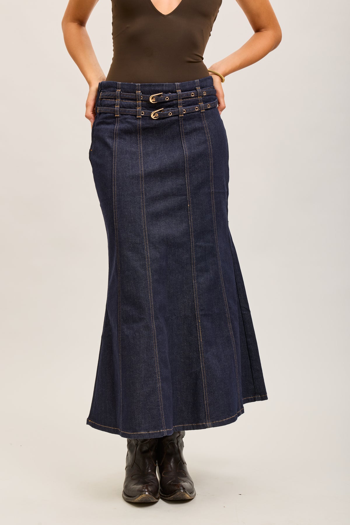 Toxik3 long denim skirt with double belts