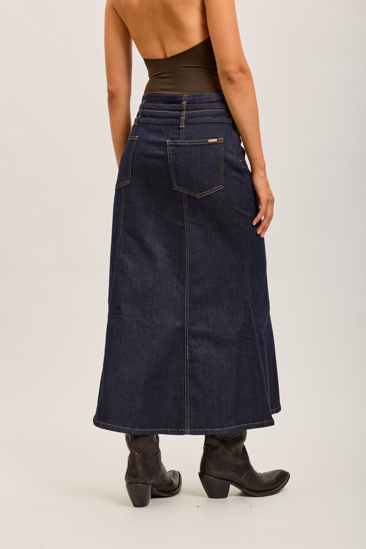 Toxik3 long denim skirt with double belts