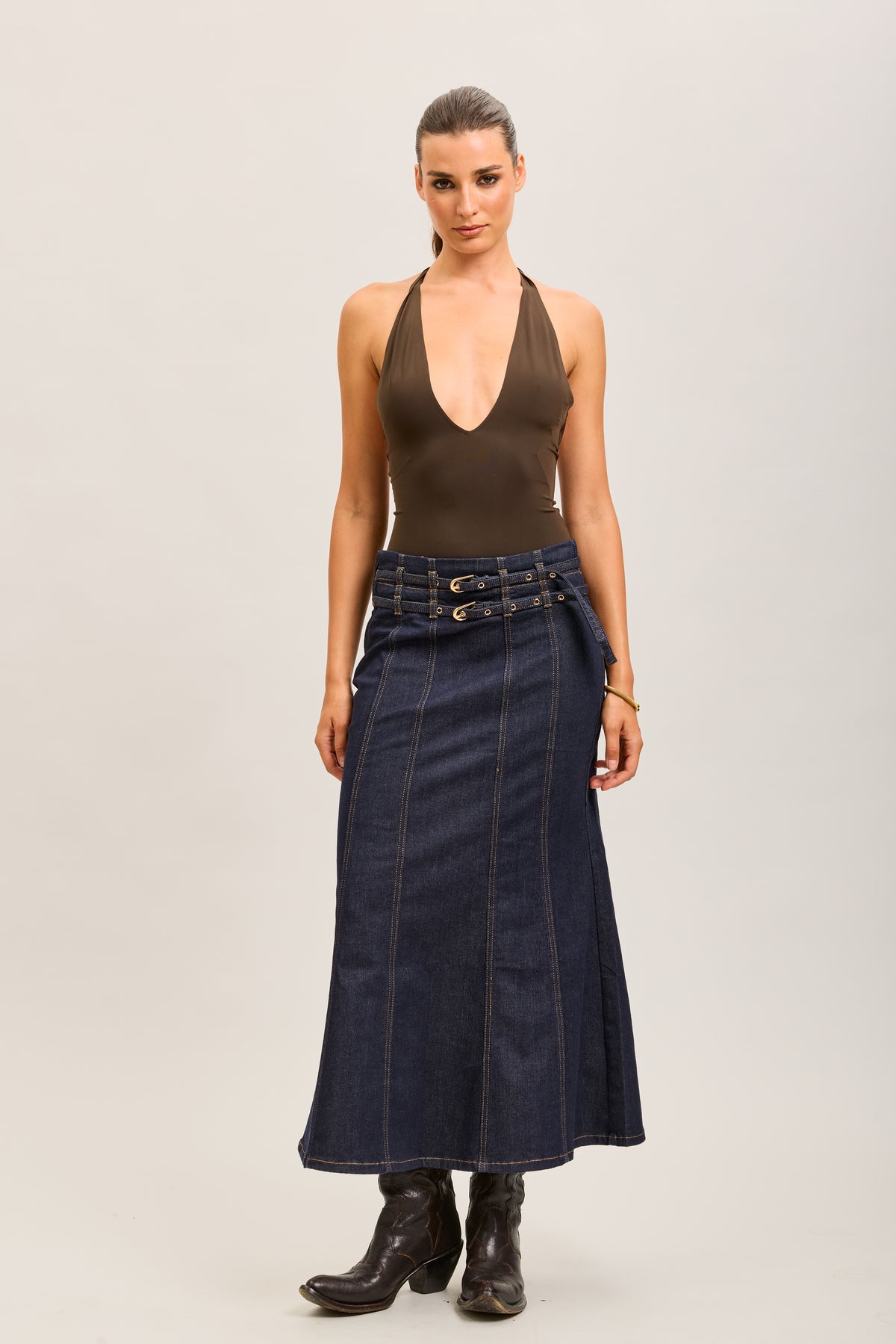 Toxik3 long denim skirt with double belts