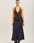 Toxik3 long denim skirt with double belts