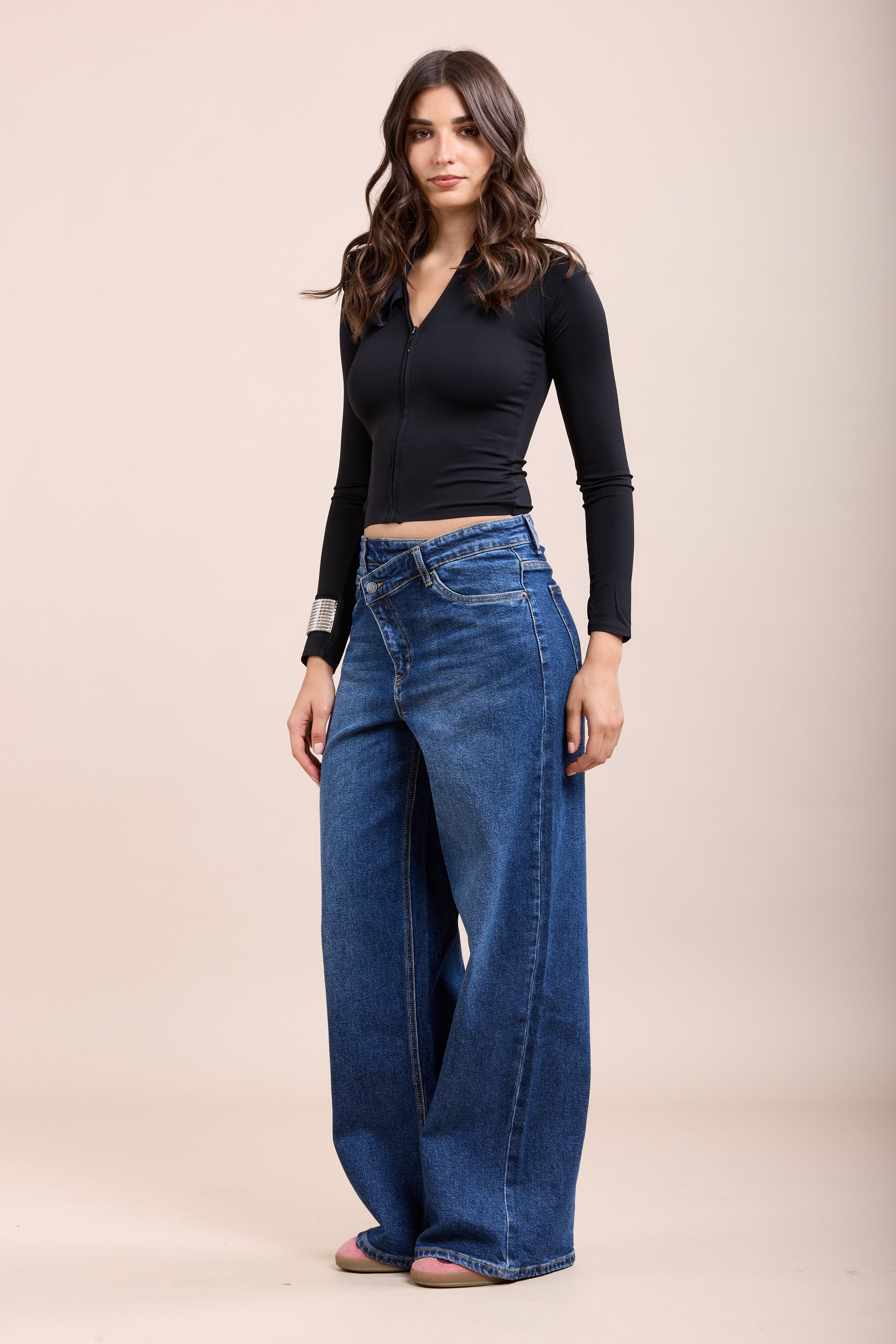 Toxik3 washed stretch wide denim pants with crossover closure