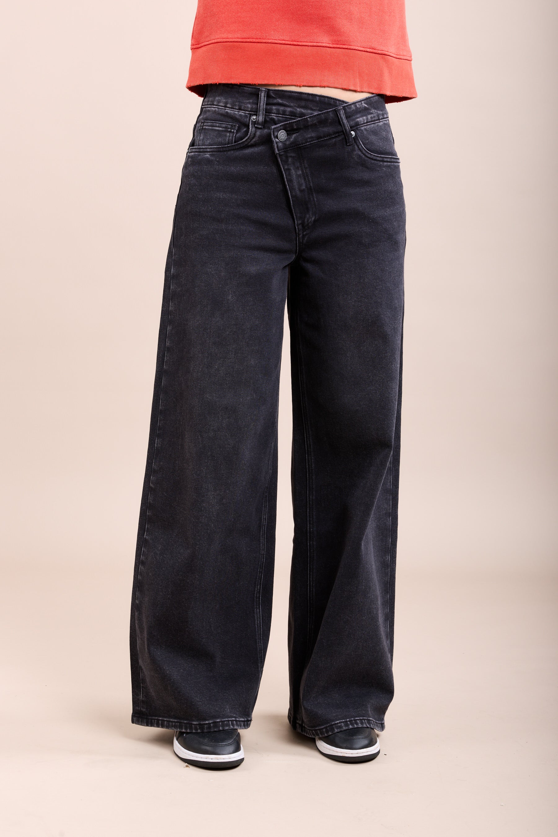 Toxik3 washed stretch wide denim pants with crossover closure