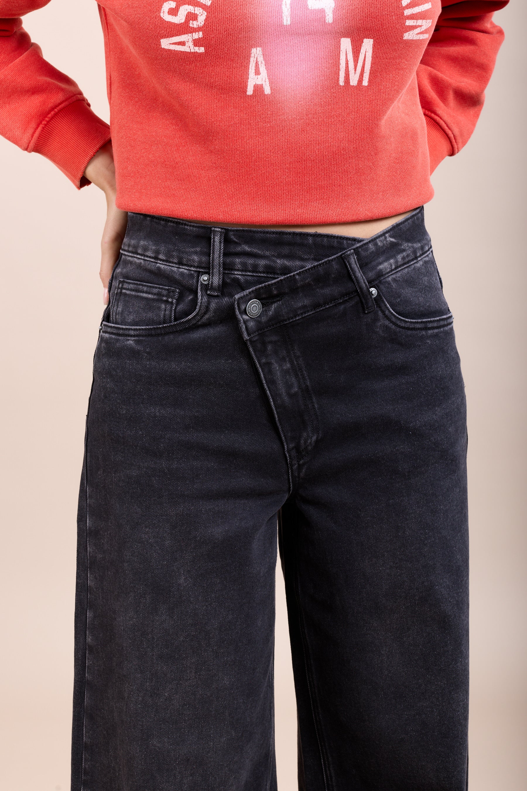 Toxik3 washed stretch wide denim pants with crossover closure