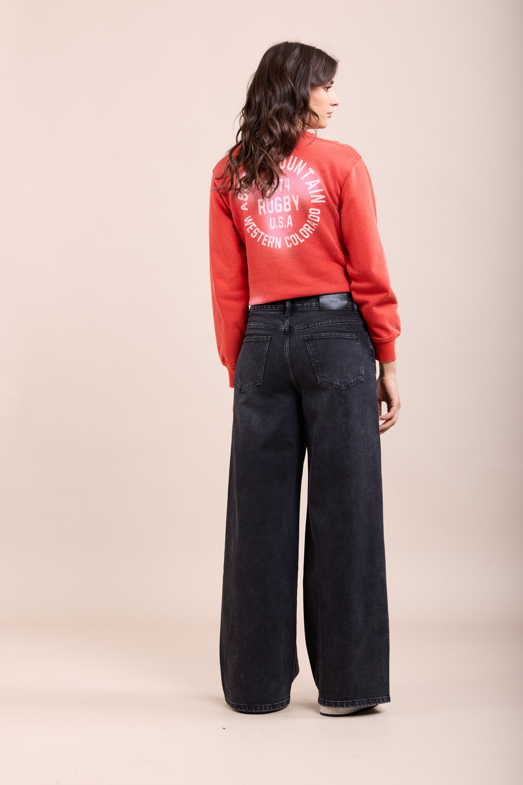 Toxik3 washed stretch wide denim pants with crossover closure