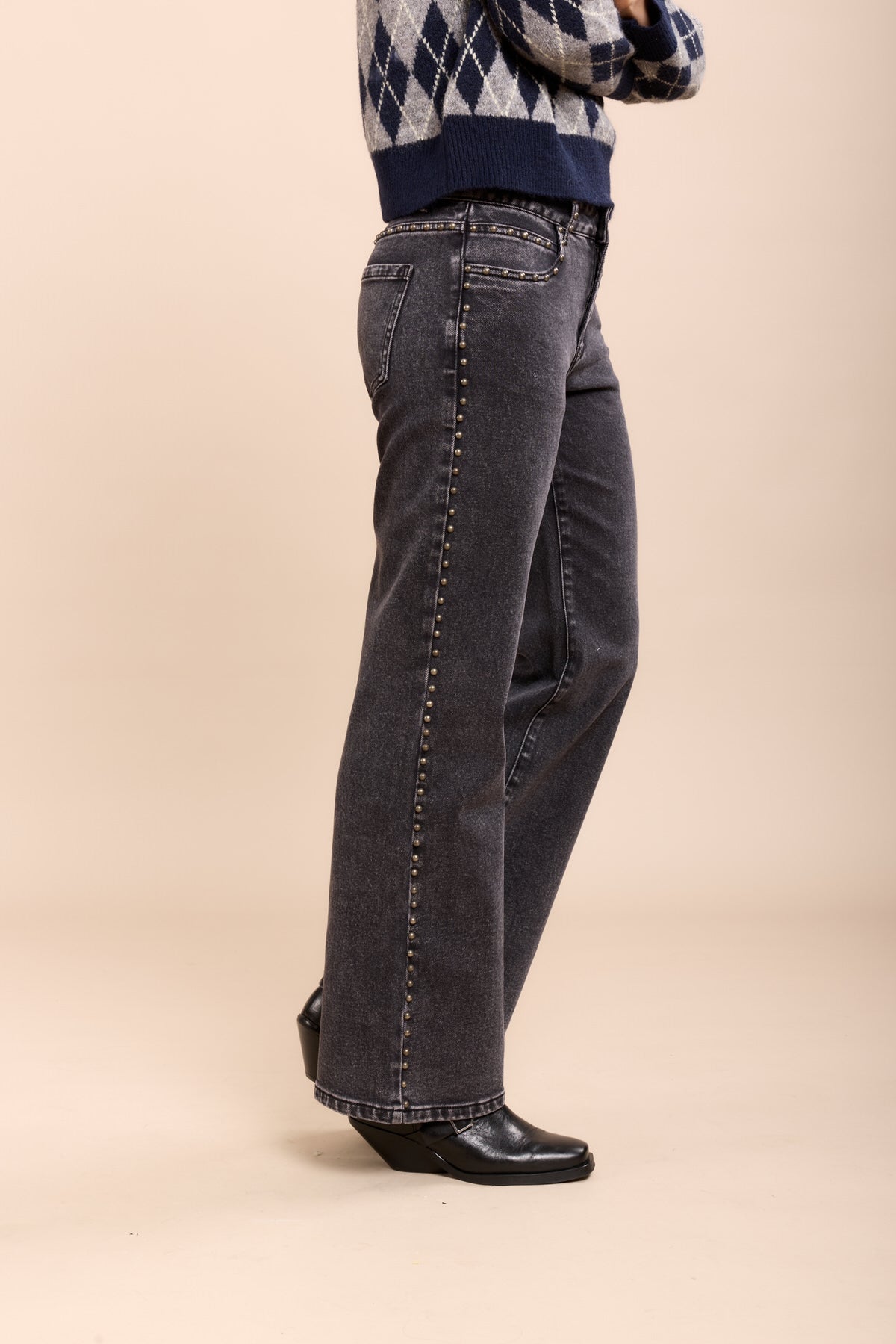 Toxik3 pantalon jean stretch droit détails clous