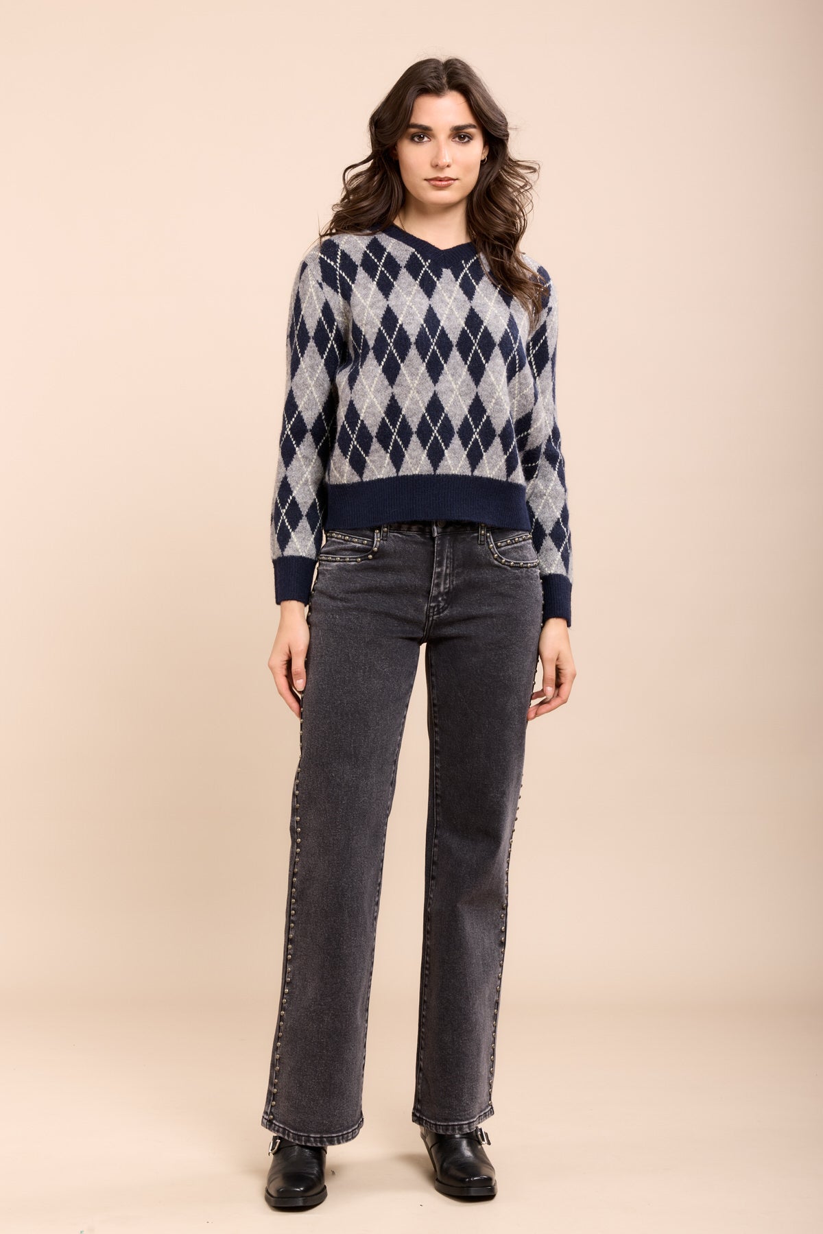 Toxik3 pantalon jean stretch droit détails clous