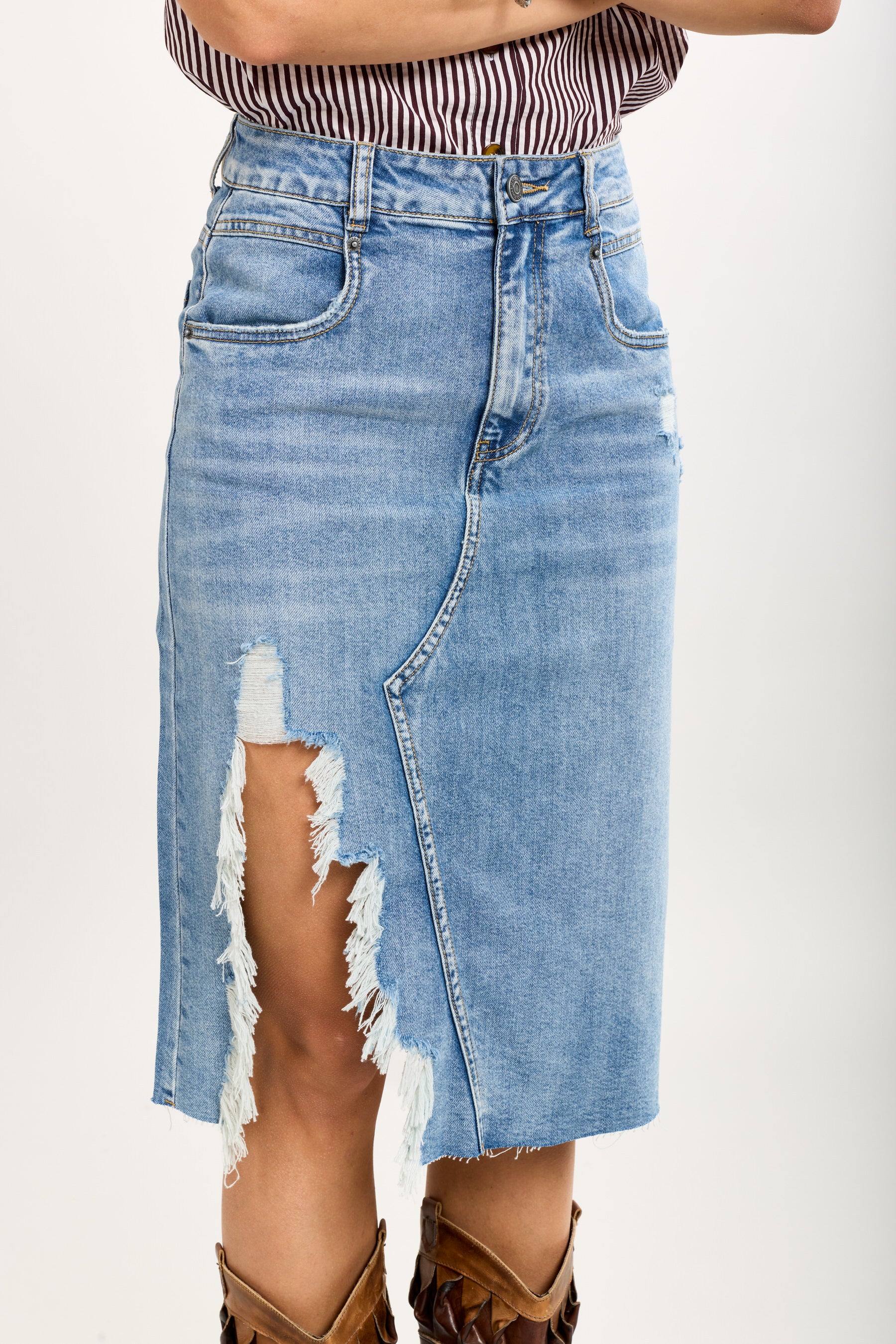 Toxik3 ripped slit denim pencil skirt