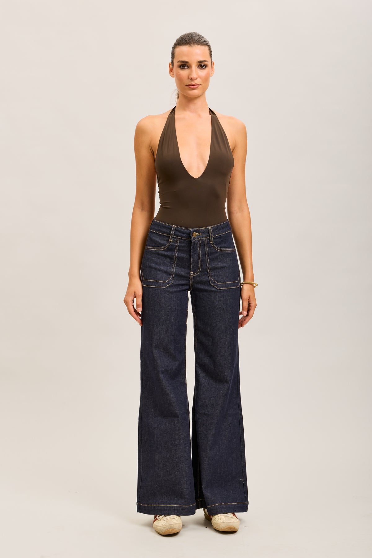 Toxik3 pantalon jean stretch wide surpiqûre jaune