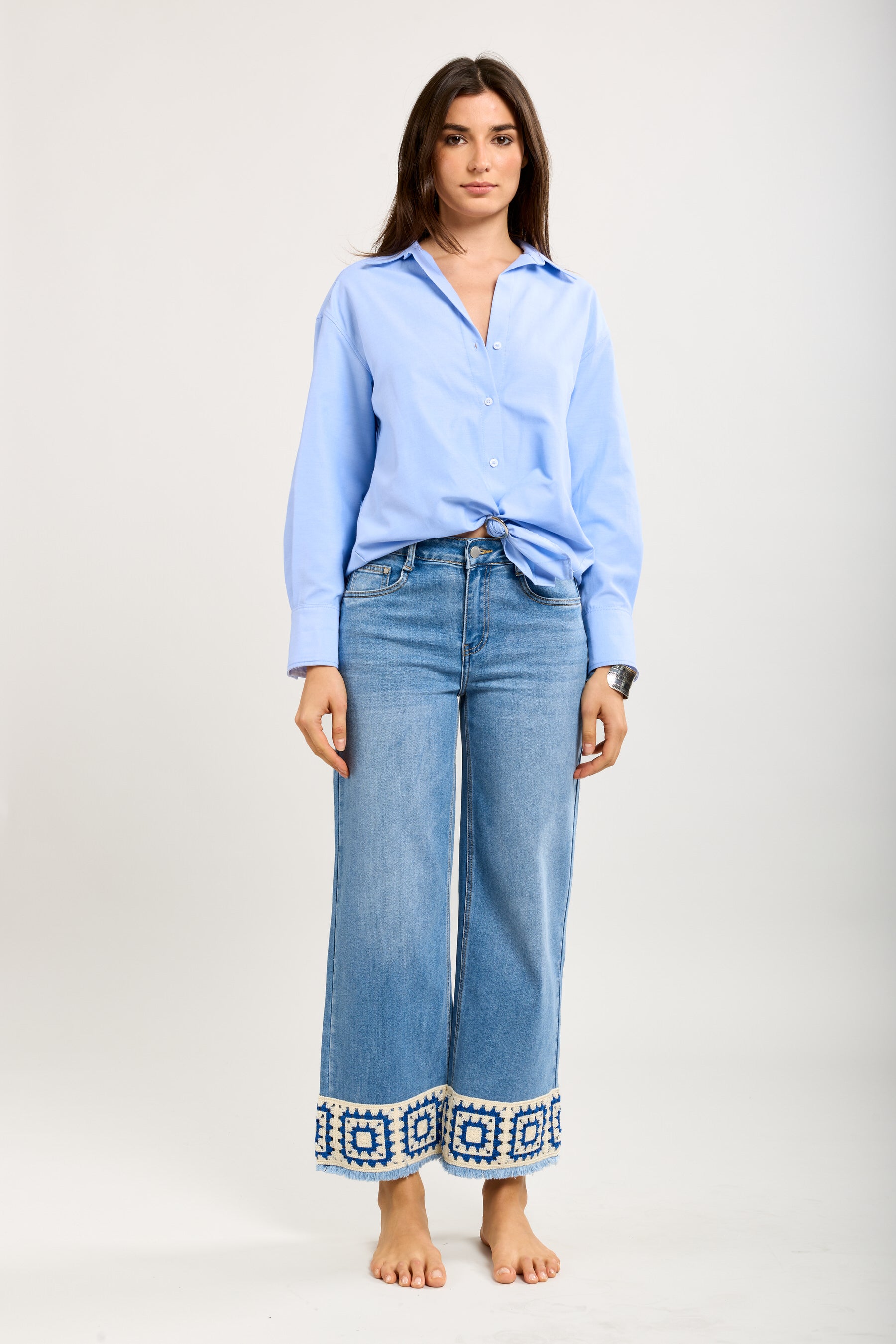 Toxik3 stretch wijde cropped gehaakte jeansbroek