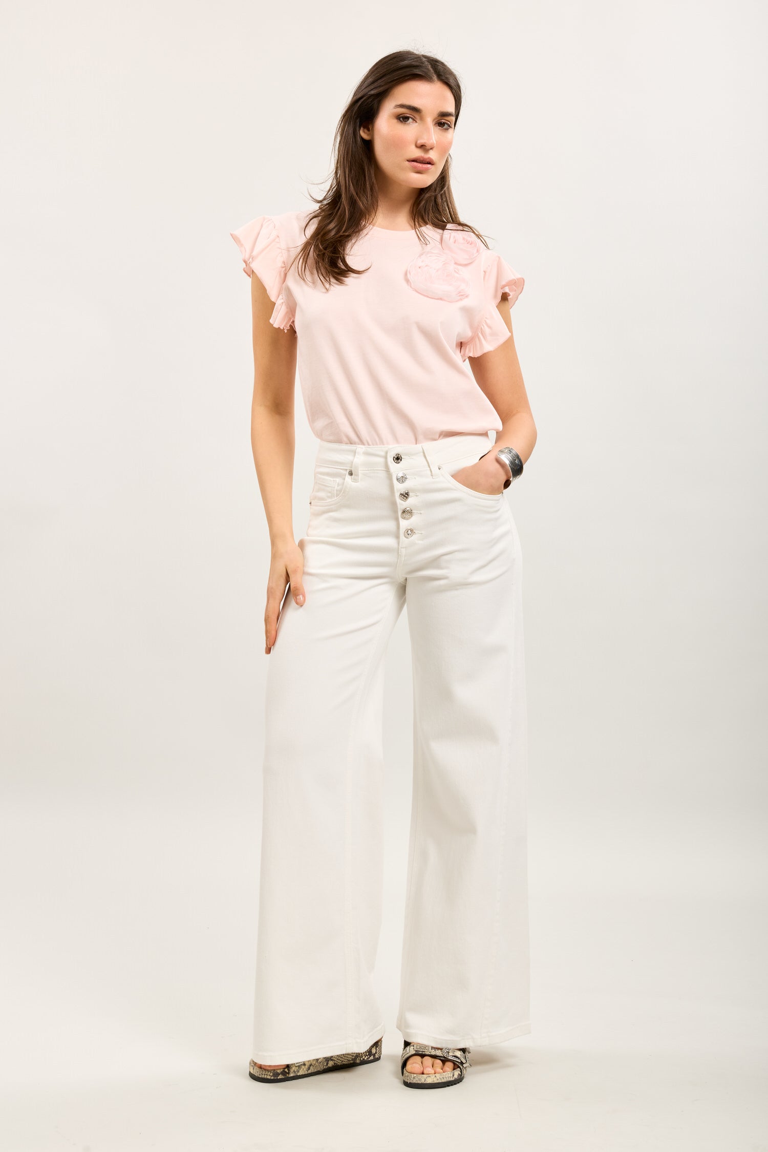 Toxik3 wide-leg pants in stretch denim with decorated buttons
