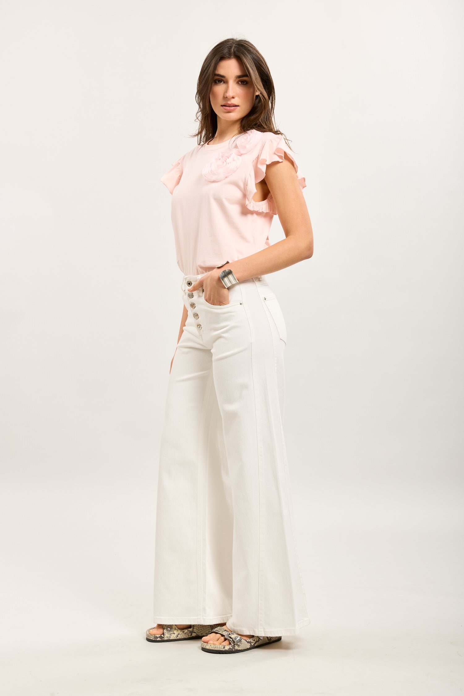 Toxik3 stretch wide jean pants with rhinestone buttons