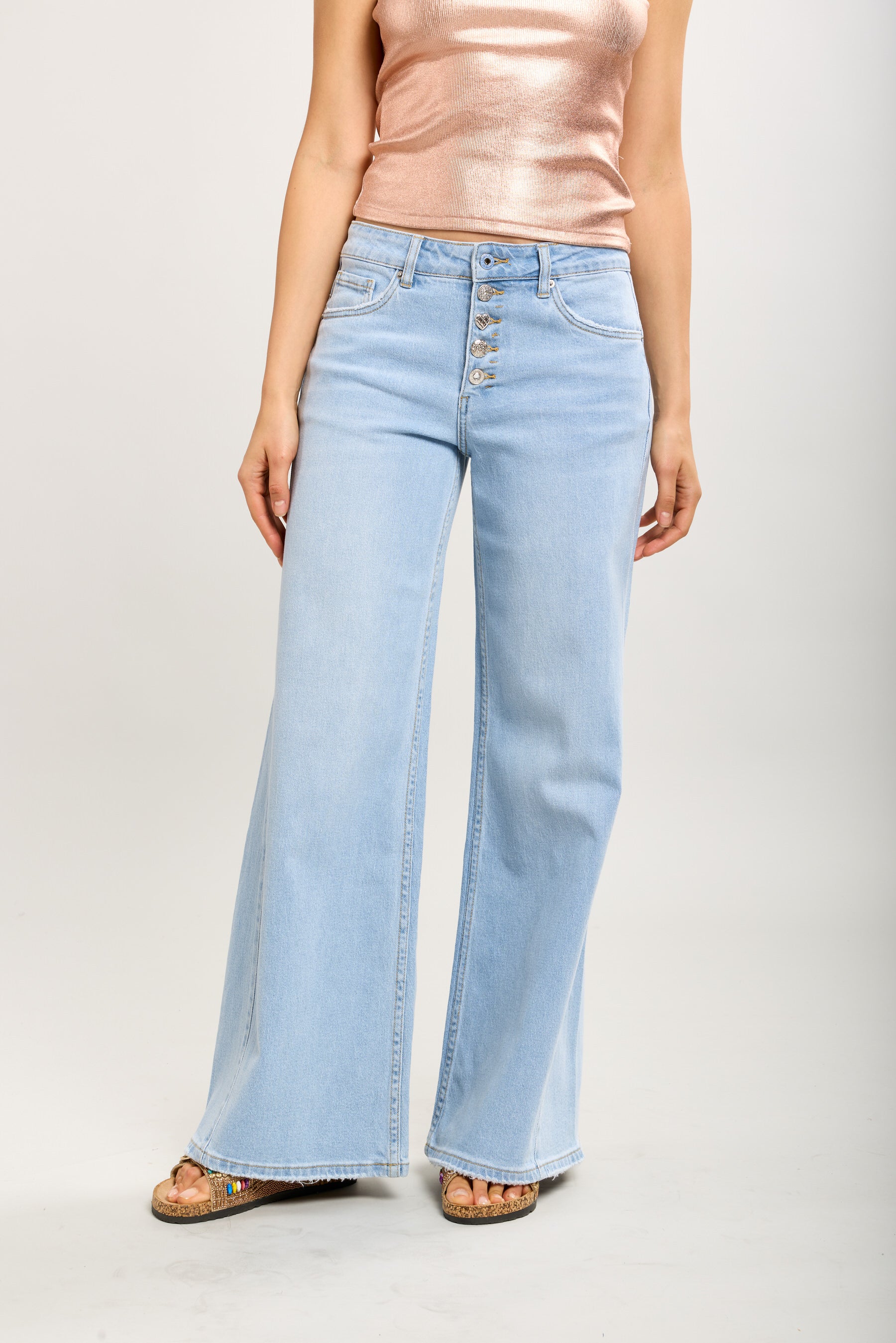 Toxik3 stretch wide jean pants with rhinestone buttons