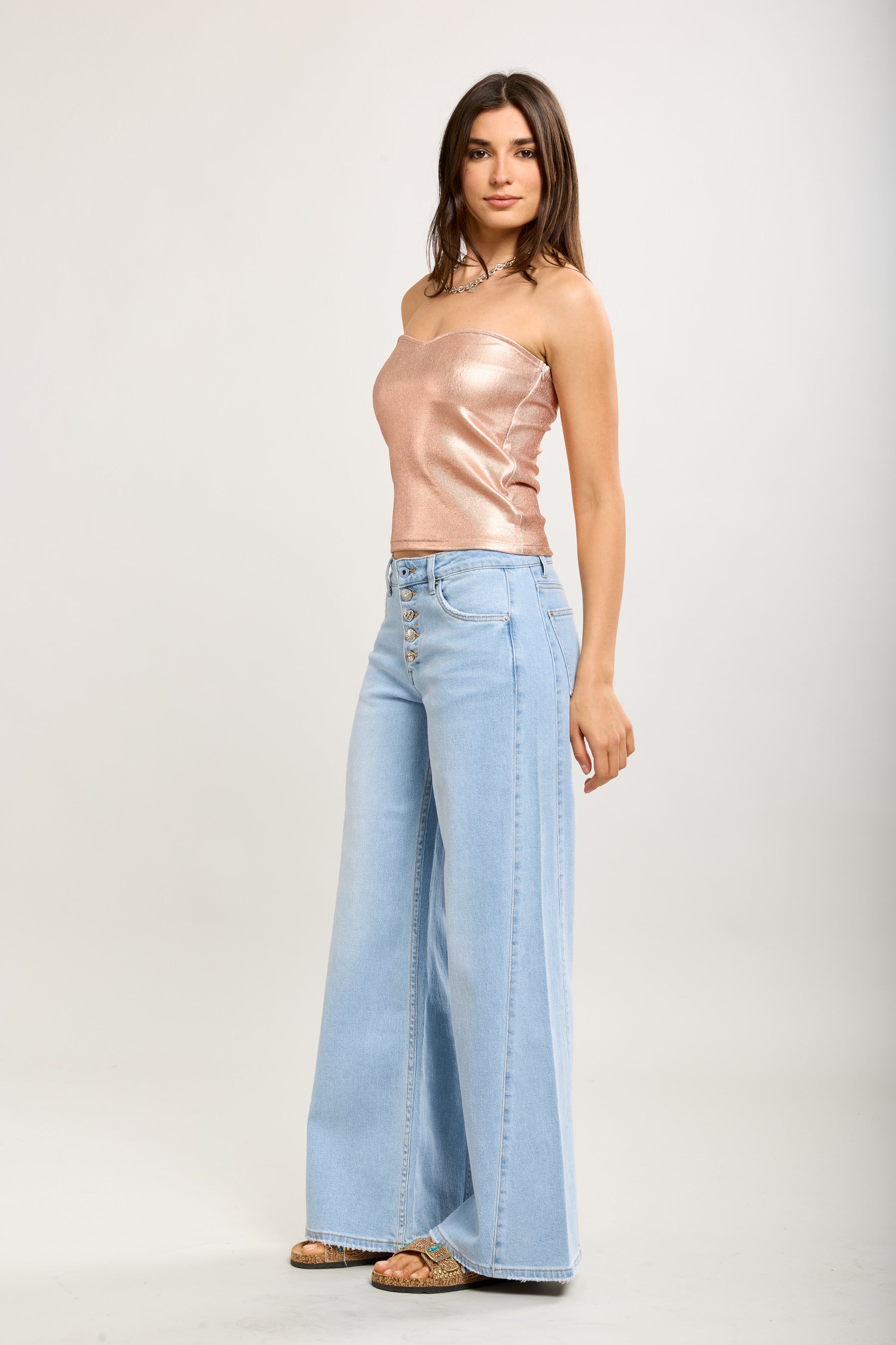 Toxik3 stretch wide jean pants with rhinestone buttons