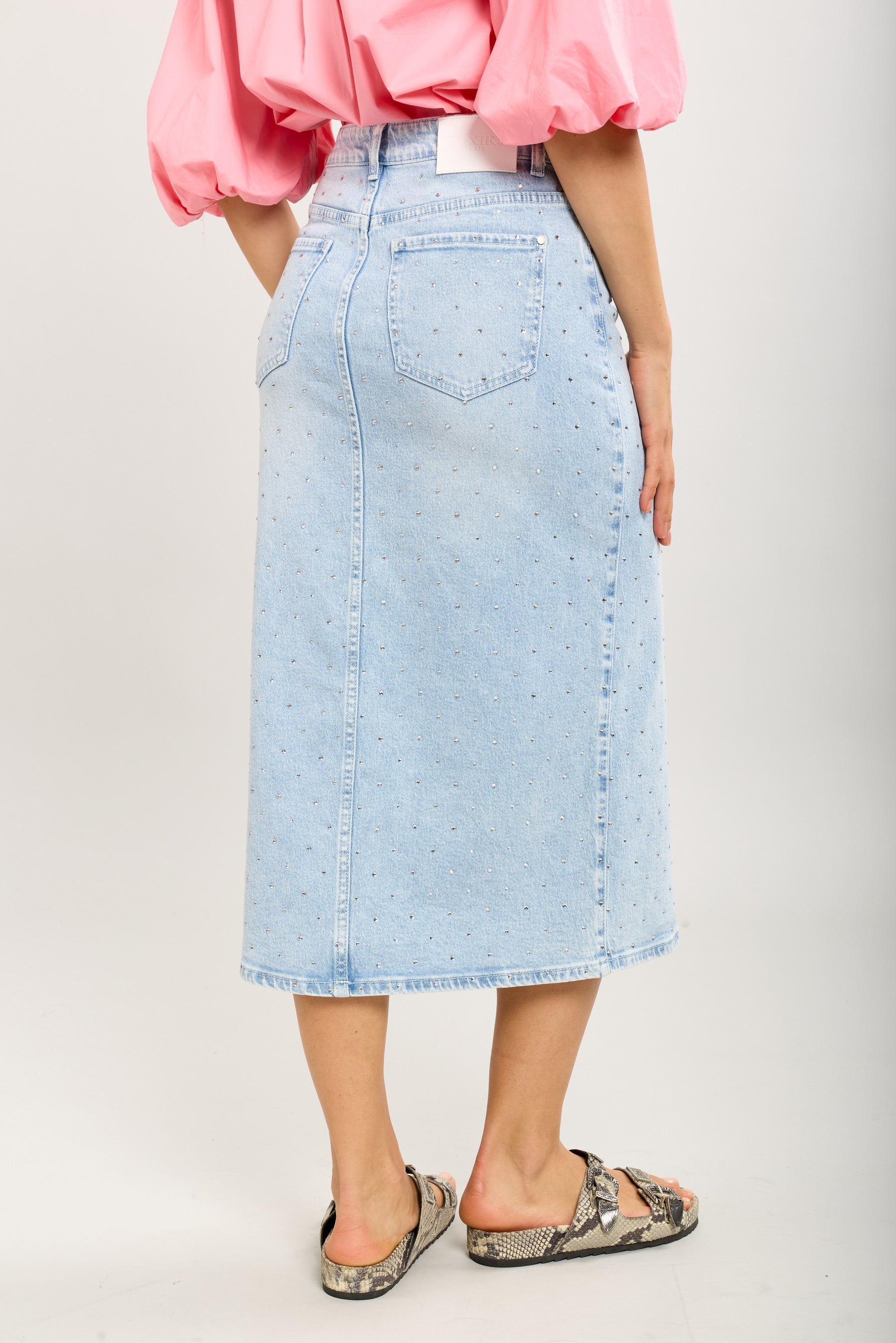 Toxik3 jupe crayon longue denim fendue incrustations strass