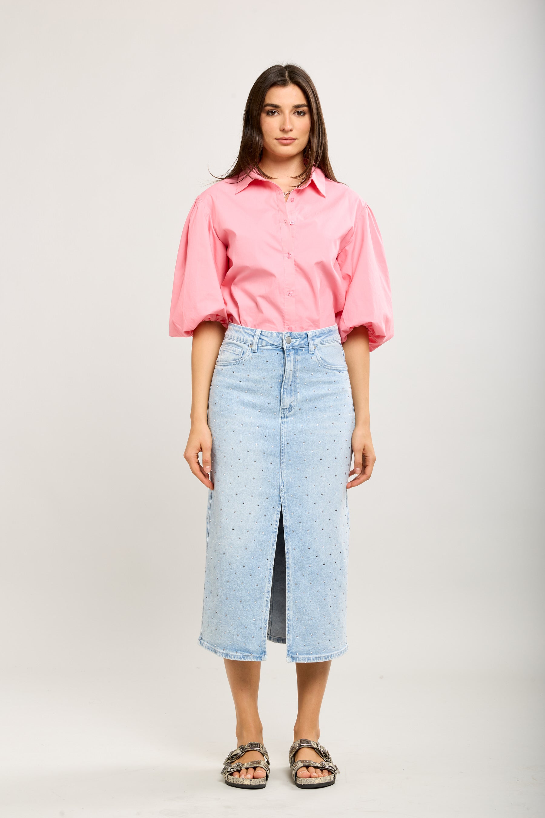 Toxik3 jupe crayon longue denim fendue incrustations strass